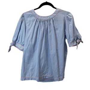 Crown & Ivy Blue White Pink Trim Tie Short Sleeves Beachy Coastal Womens L Top